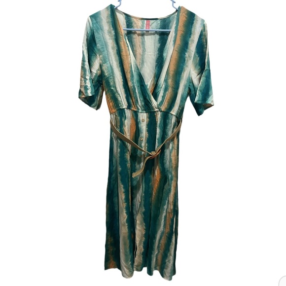 SRPEORO Dresses & Skirts - Chic Teal, gold/orange, & cream Striped belted Midi Dress NWOT